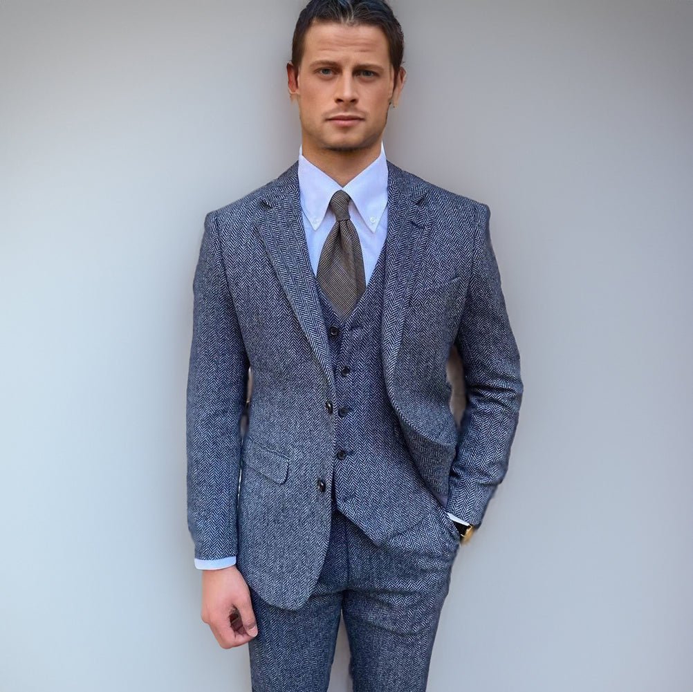 Men's Vintage Autumn Thickened 3 Pieces Herringbone Tweed Notch Lapel Suit