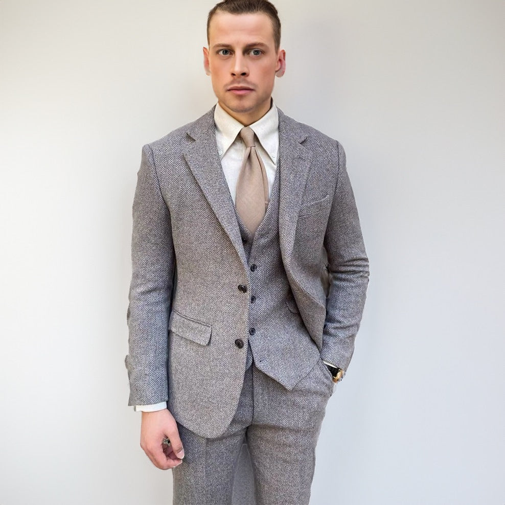 Men's Vintage Autumn Thickened 3 Pieces Herringbone Tweed Notch Lapel Suit