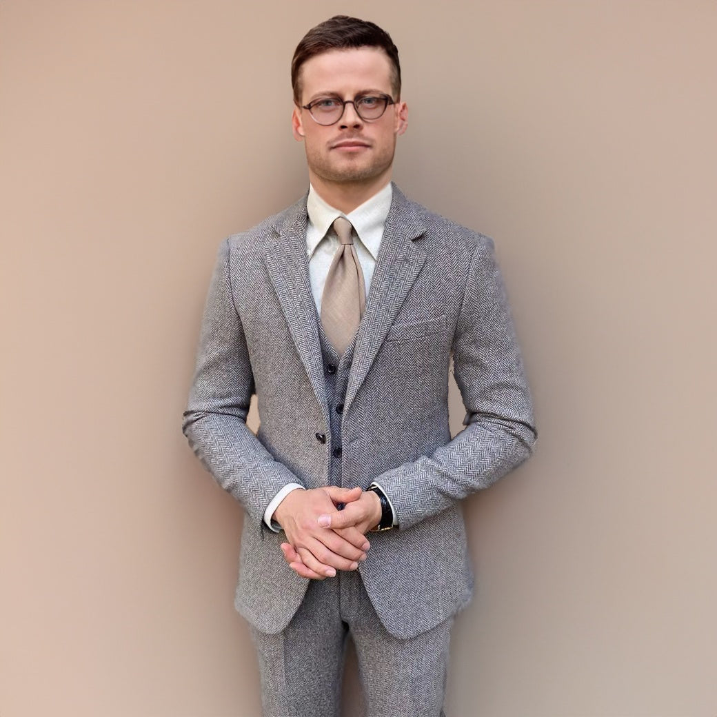 Men's Vintage Autumn Thickened 3 Pieces Herringbone Tweed Notch Lapel Suit