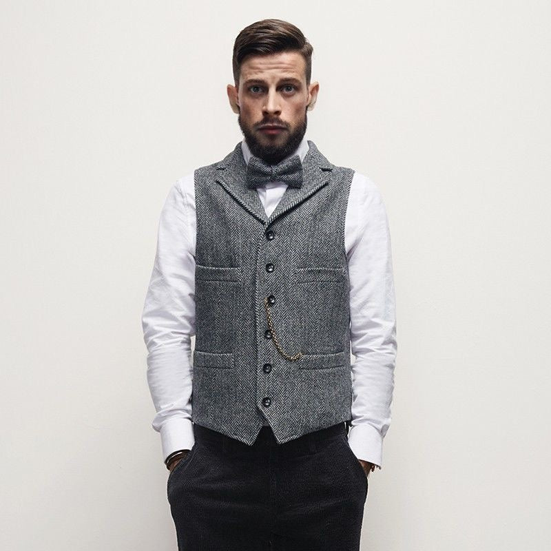 Men's Thickened Wool Tweed Herringbone Retro Notch Lapel Waistcoat