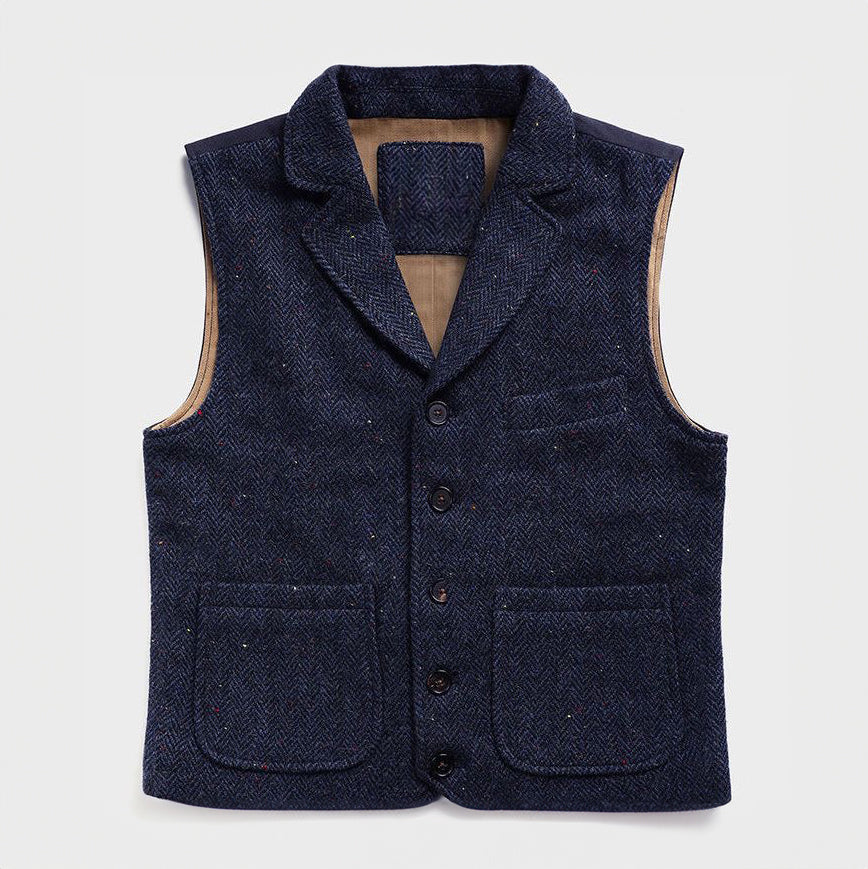 Men's Vintage Rough Tweed Navy Blue Vest Notch Lapel Thickened Waistcoat