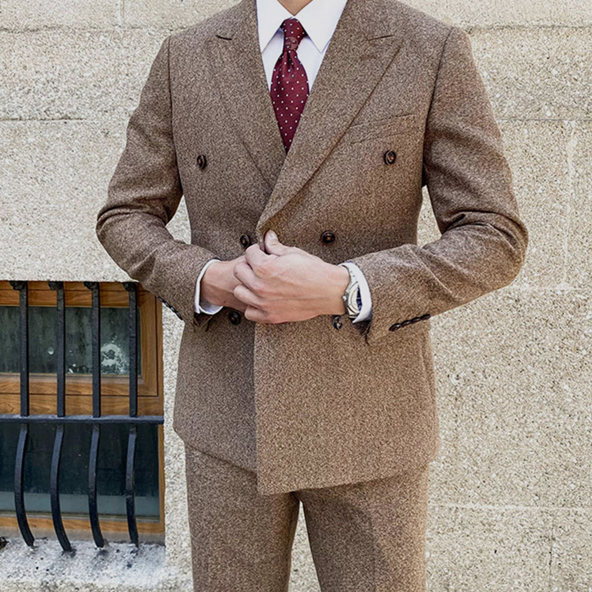 2 Pieces Double Breasted Herringbone Tweed Suit
