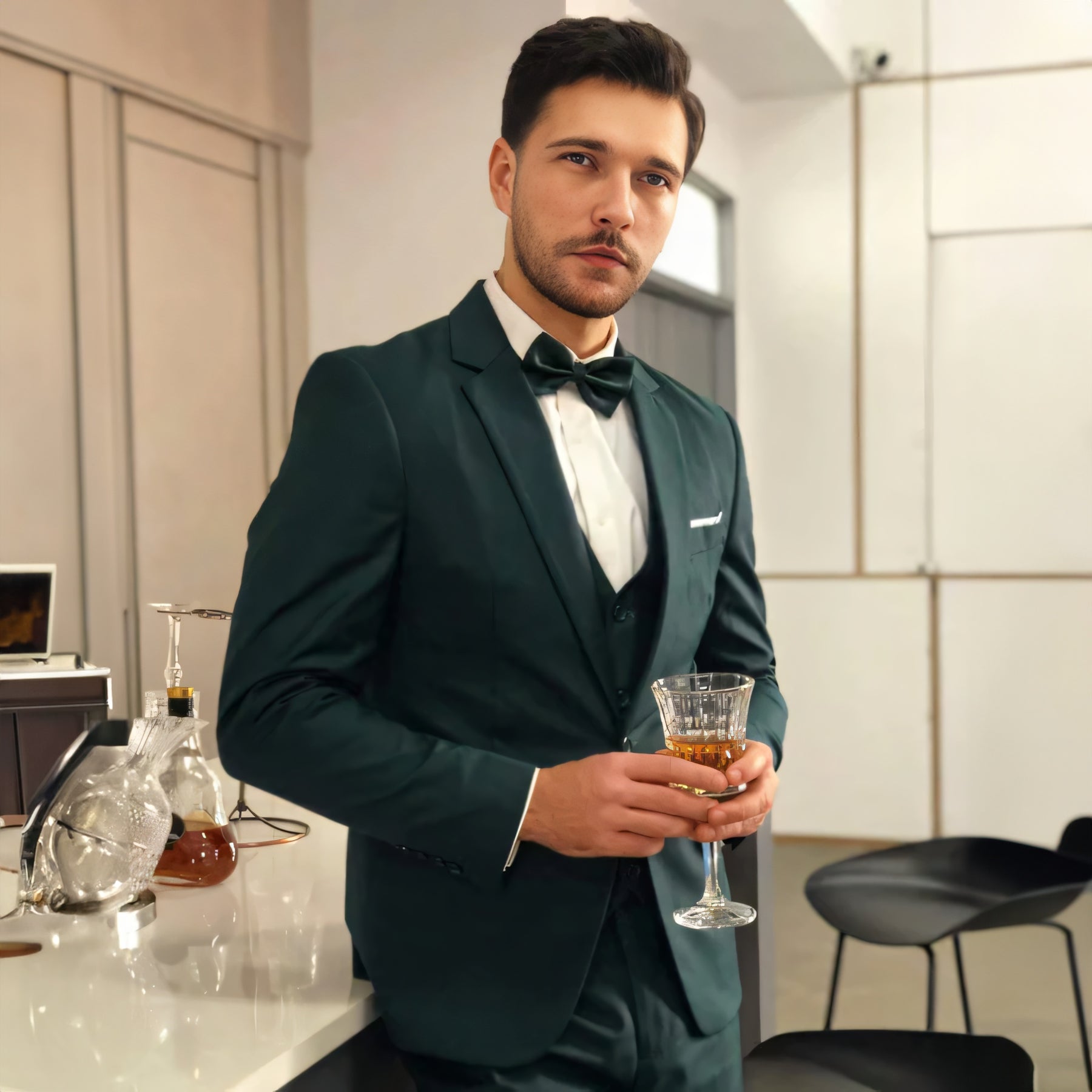Men‘s 3 Piece Hunt Green Suits Slim Fit One Button Peak Lapel Solid Tuxedos