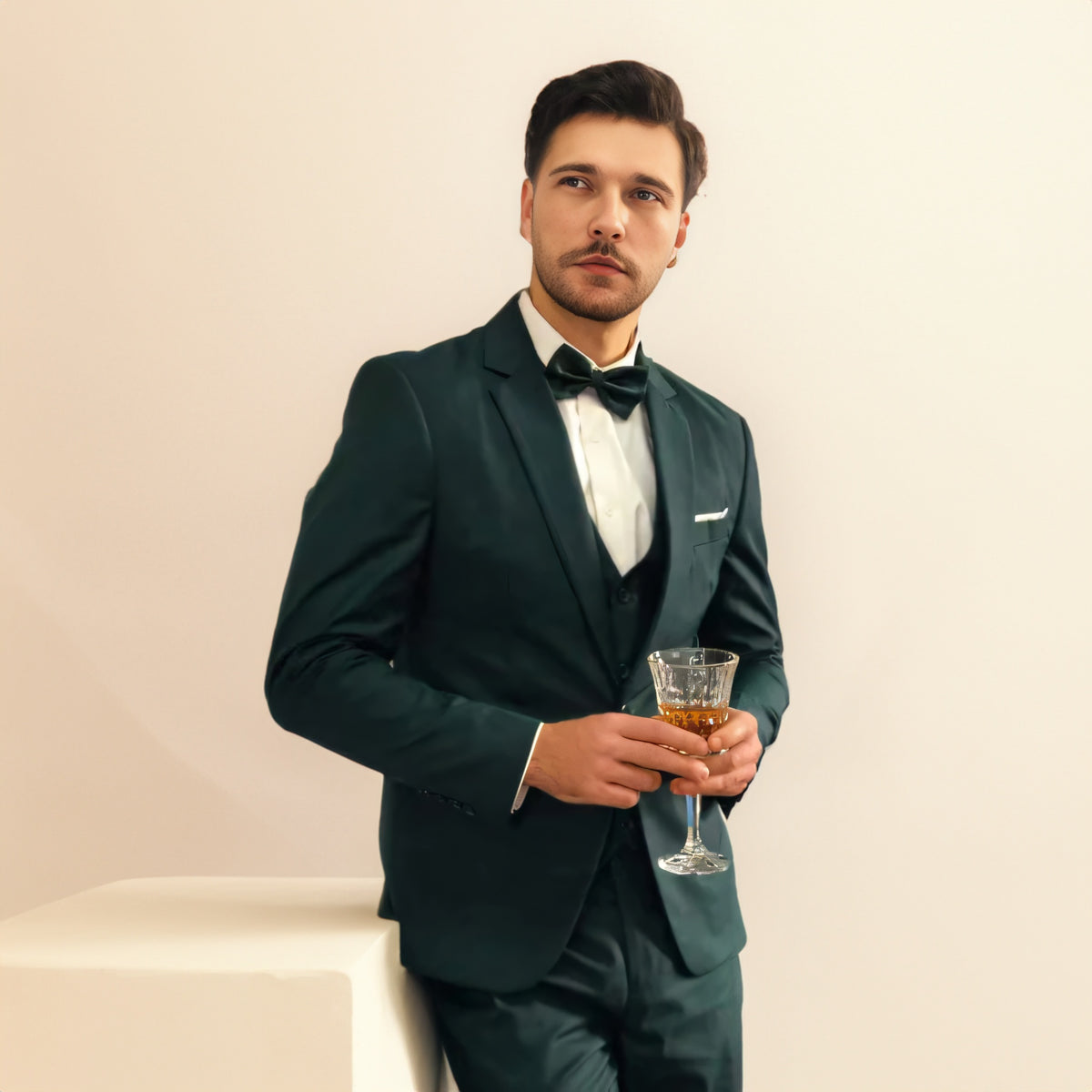 Men‘s 3 Piece Hunt Green Suits Slim Fit One Button Peak Lapel Solid Tuxedos