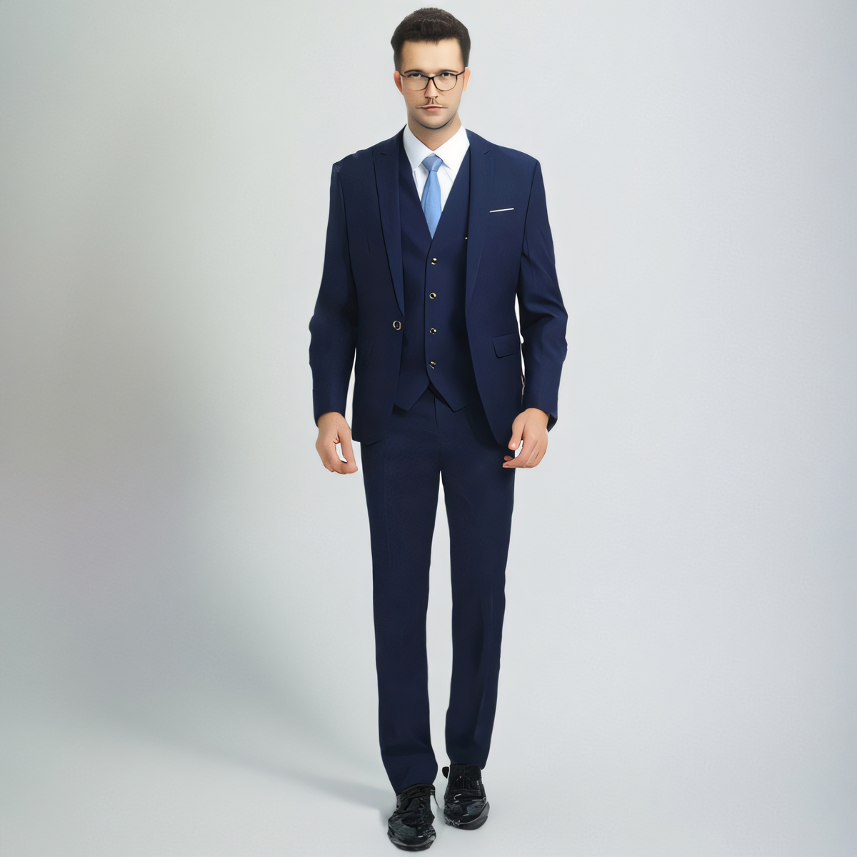 Men's 3 Piece Suits Slim Fit One Button Navy Blue Tuxedo
