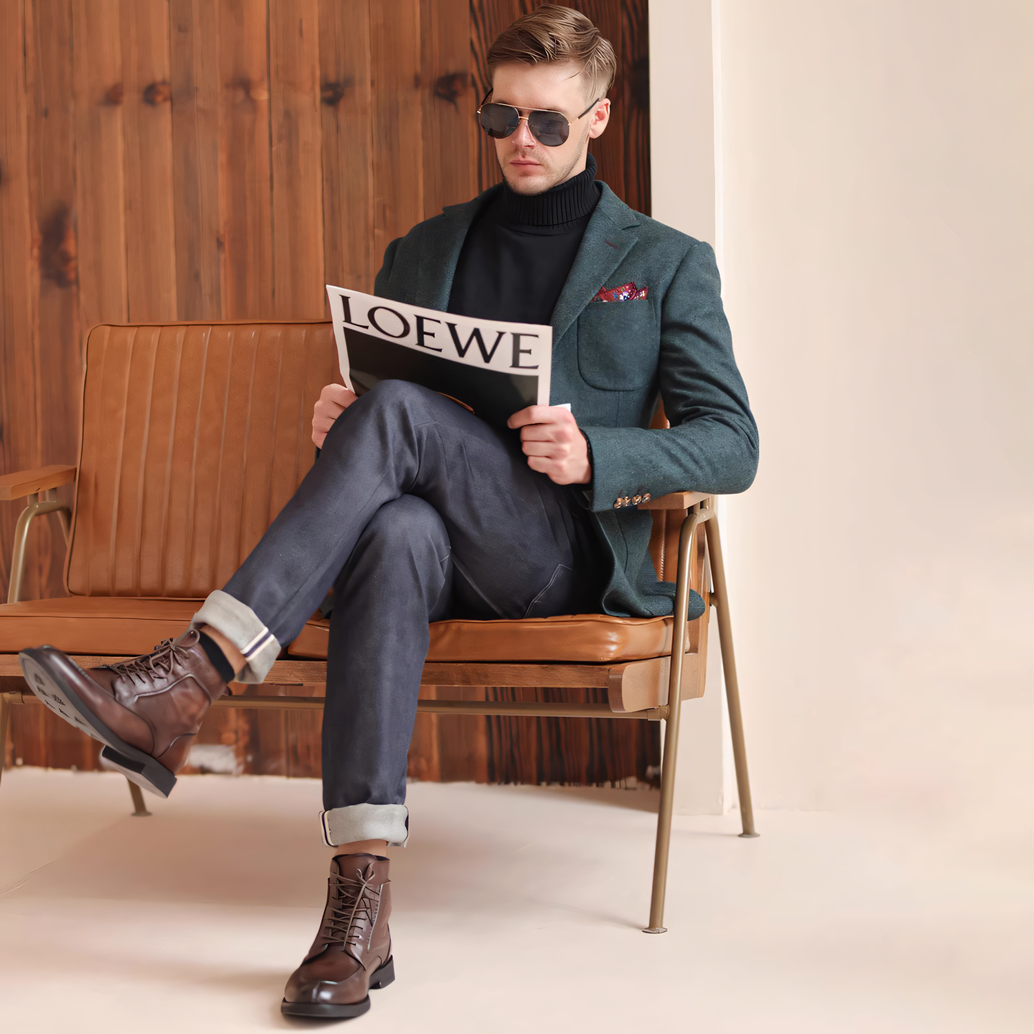 Men's Vintage Herringbone Teal Tweed Notch Lapel Blazer Jacket