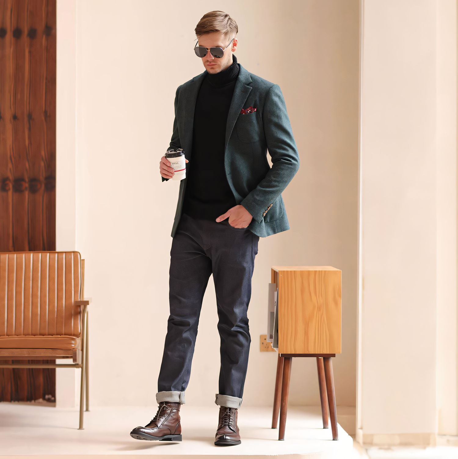 Men's Vintage Herringbone Teal Tweed Notch Lapel Blazer Jacket