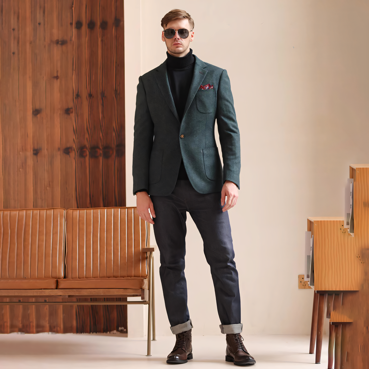Men's Vintage Herringbone Teal Tweed Notch Lapel Blazer Jacket