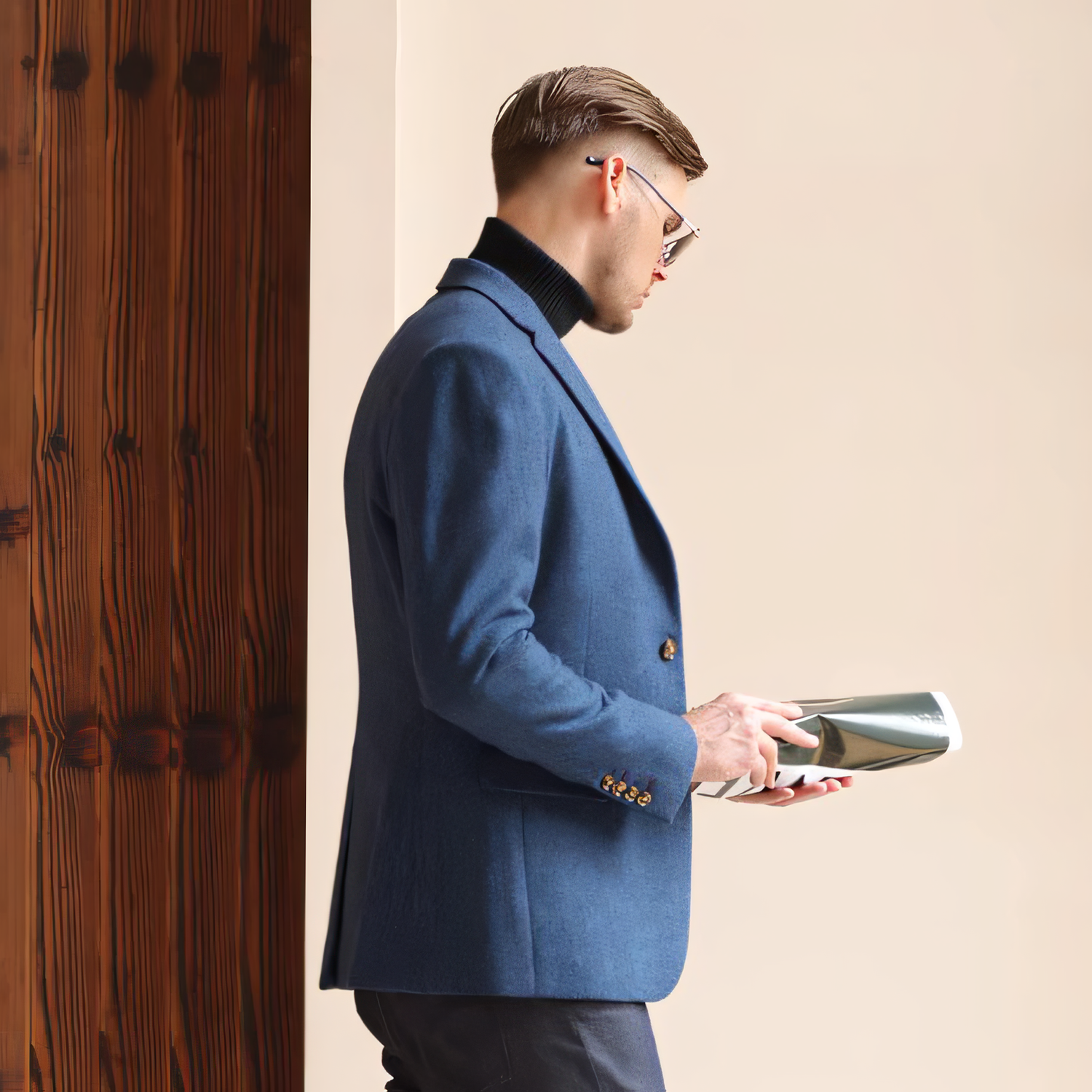 Men's Vintage Herringbone Navy Blue Tweed Notch Lapel Blazer Jacket