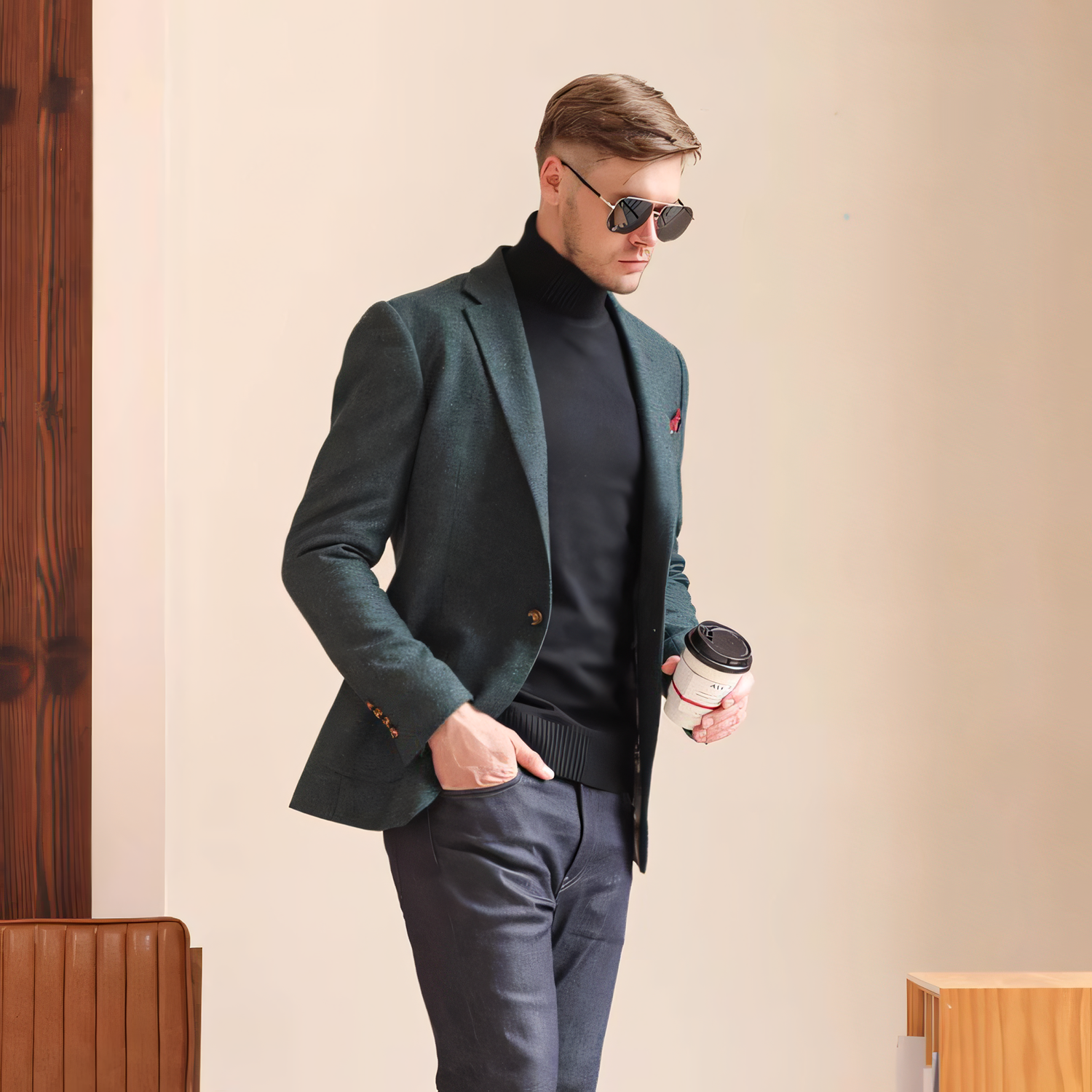 Men's Vintage Herringbone Teal Tweed Notch Lapel Blazer Jacket