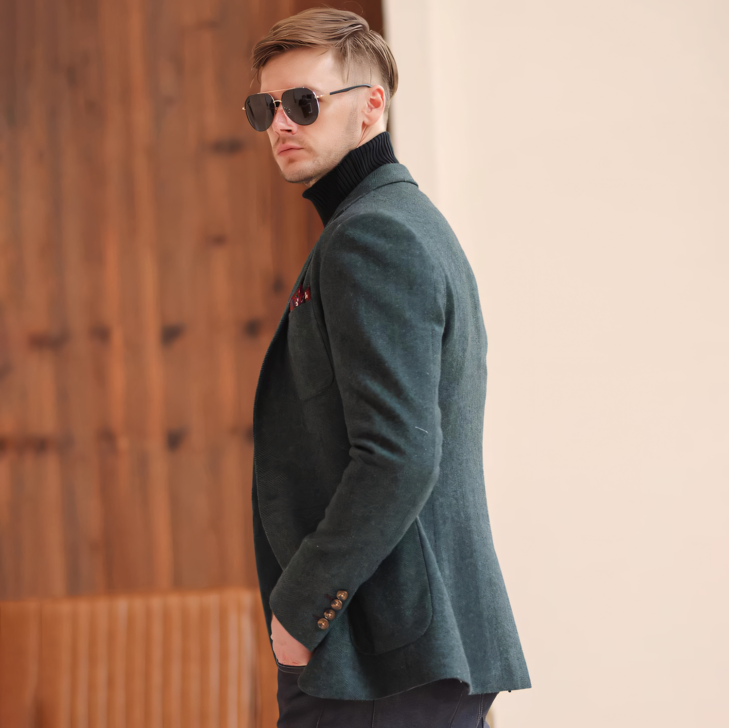 Men's Vintage Herringbone Teal Tweed Notch Lapel Blazer Jacket