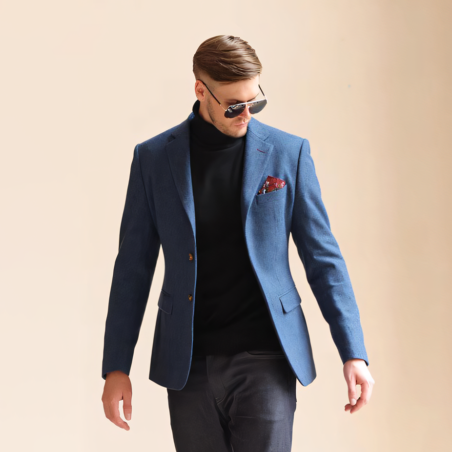Men's Vintage Herringbone Navy Blue Tweed Notch Lapel Blazer Jacket