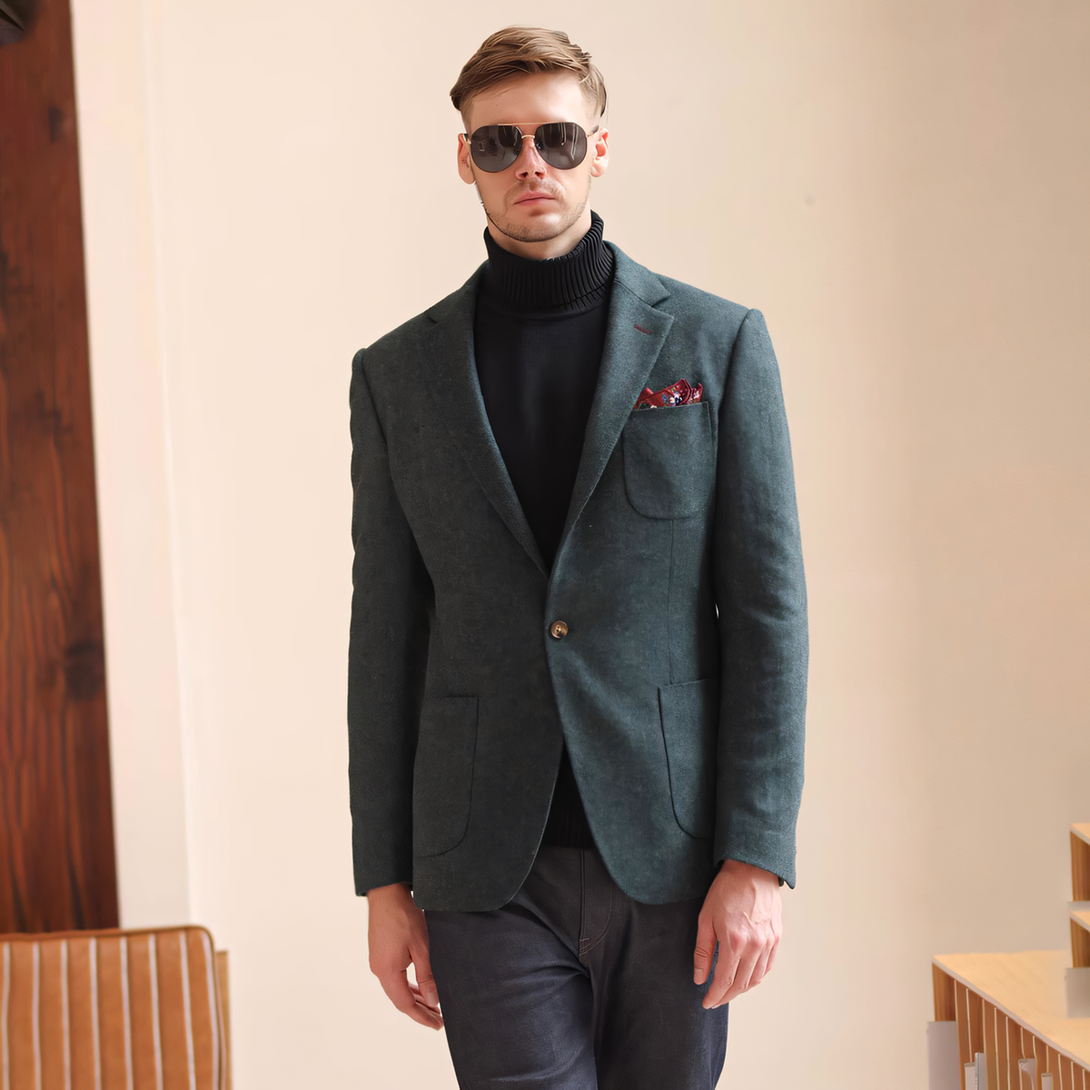 Men's Vintage Herringbone Teal Tweed Notch Lapel Blazer Jacket