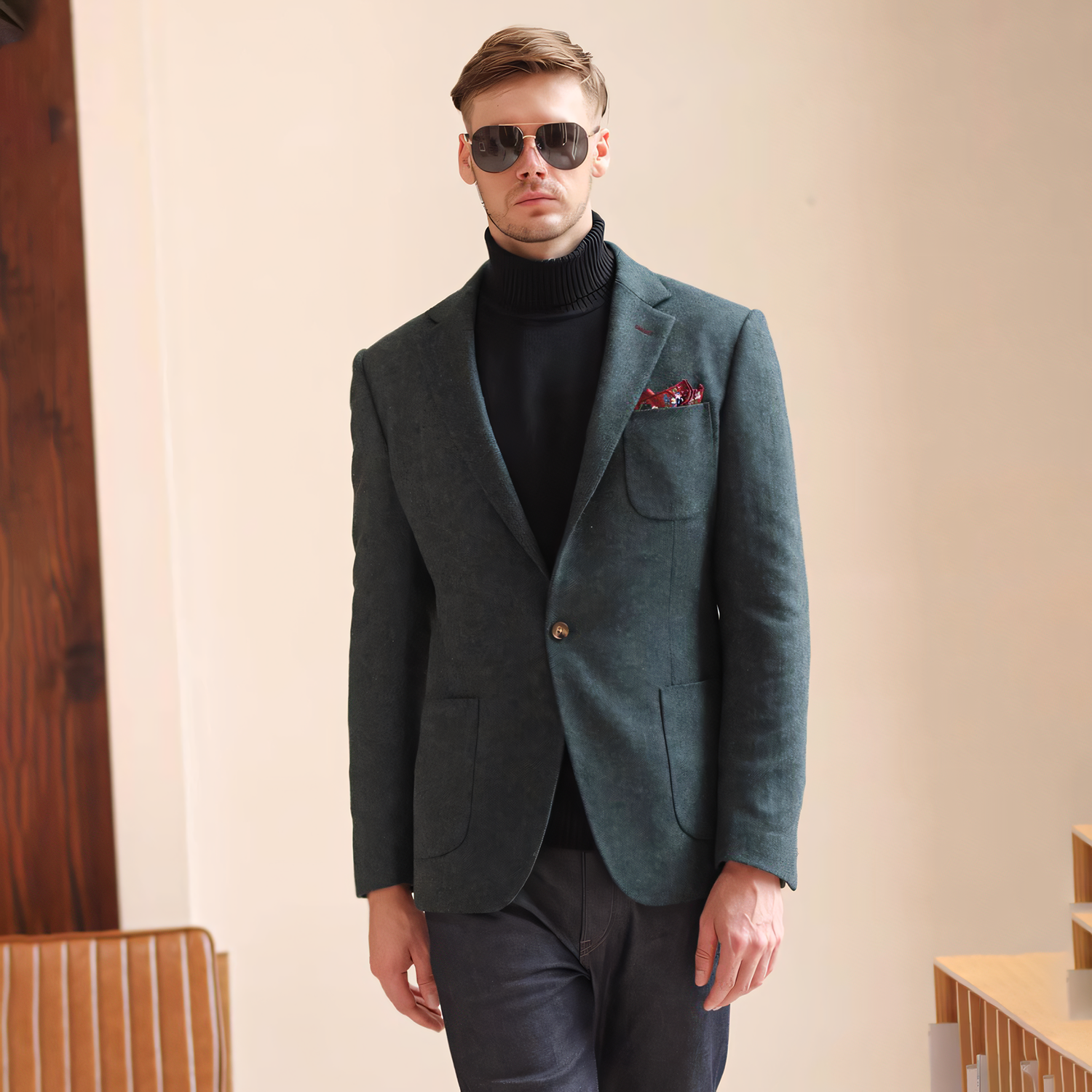 Men's Vintage Herringbone Teal Tweed Notch Lapel Blazer Jacket