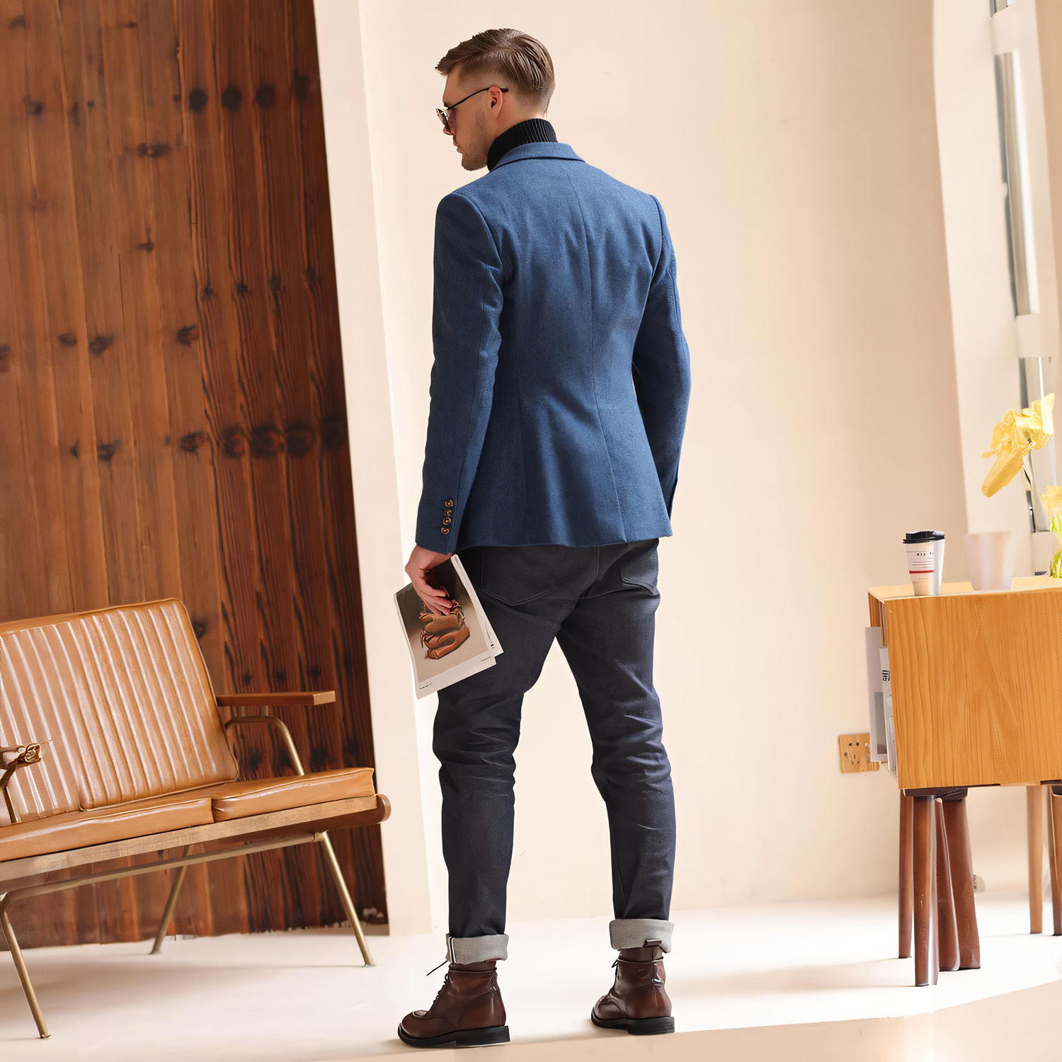 Men's Vintage Herringbone Navy Blue Tweed Notch Lapel Blazer Jacket