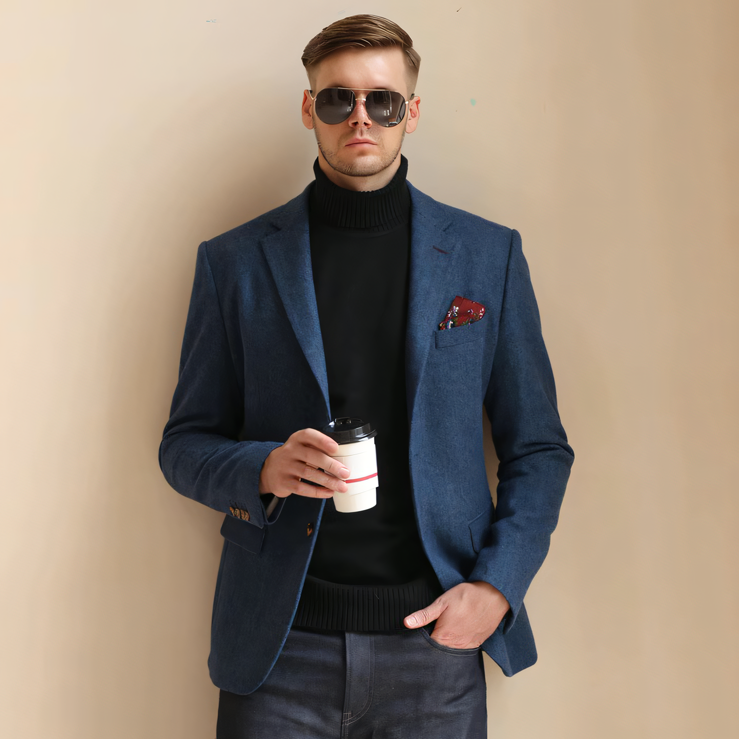Men's Vintage Herringbone Navy Blue Tweed Notch Lapel Blazer Jacket