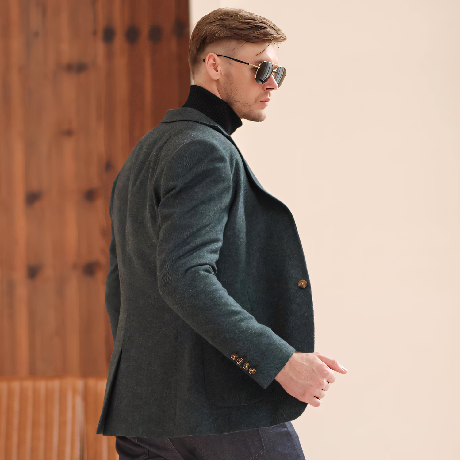 Men's Vintage Herringbone Teal Tweed Notch Lapel Blazer Jacket