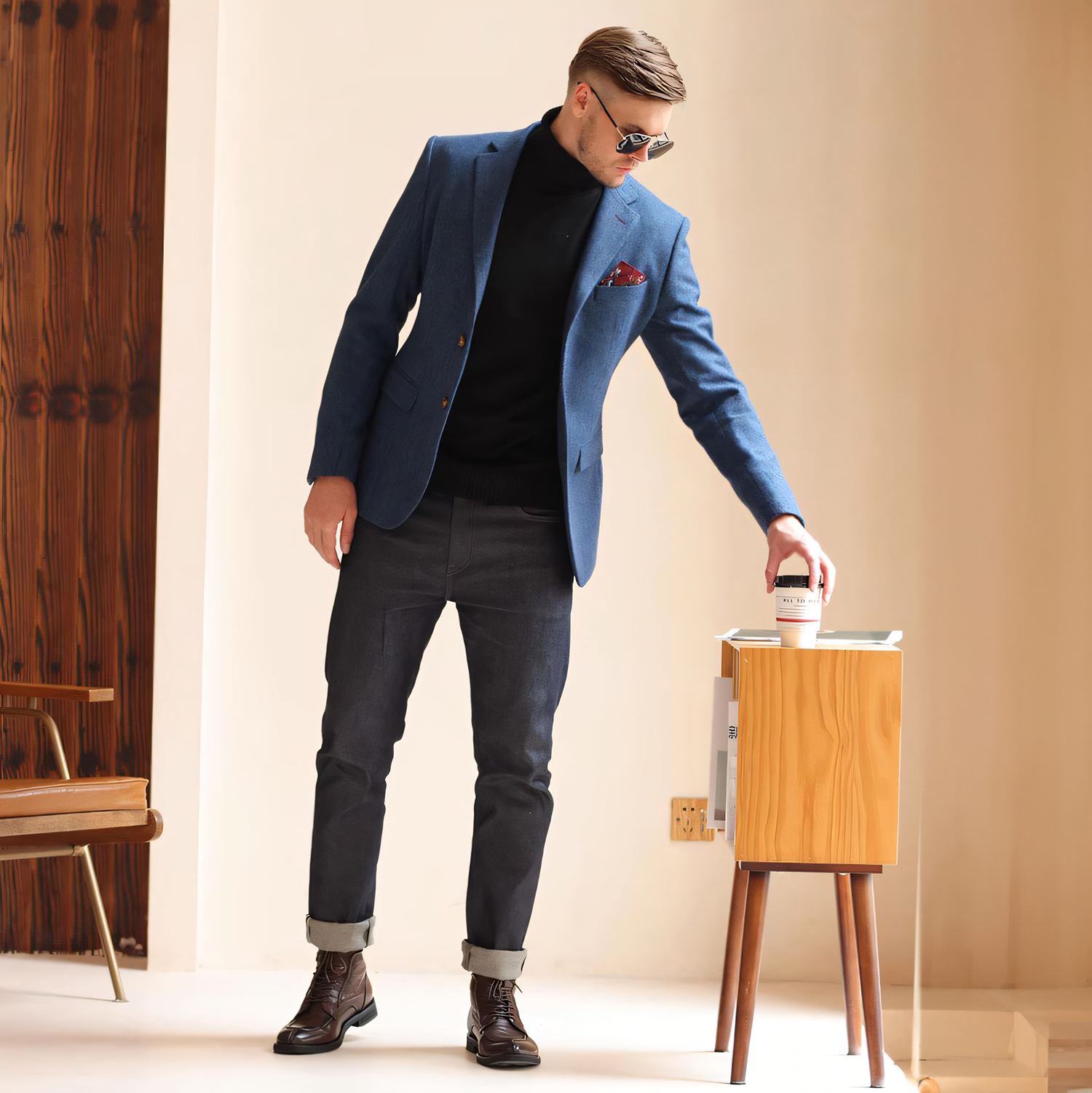 Men's Vintage Herringbone Navy Blue Tweed Notch Lapel Blazer Jacket