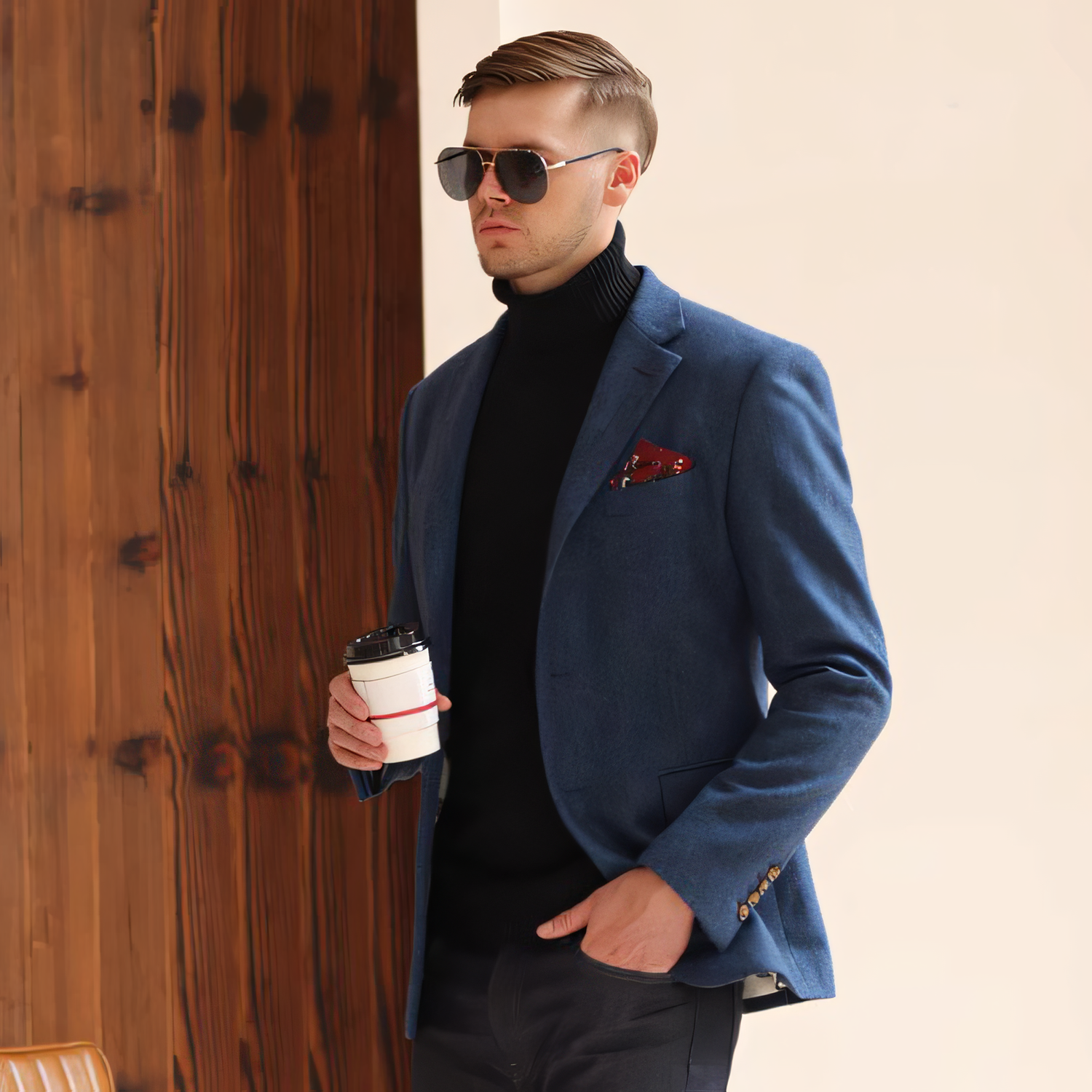 Men's Vintage Herringbone Navy Blue Tweed Notch Lapel Blazer Jacket