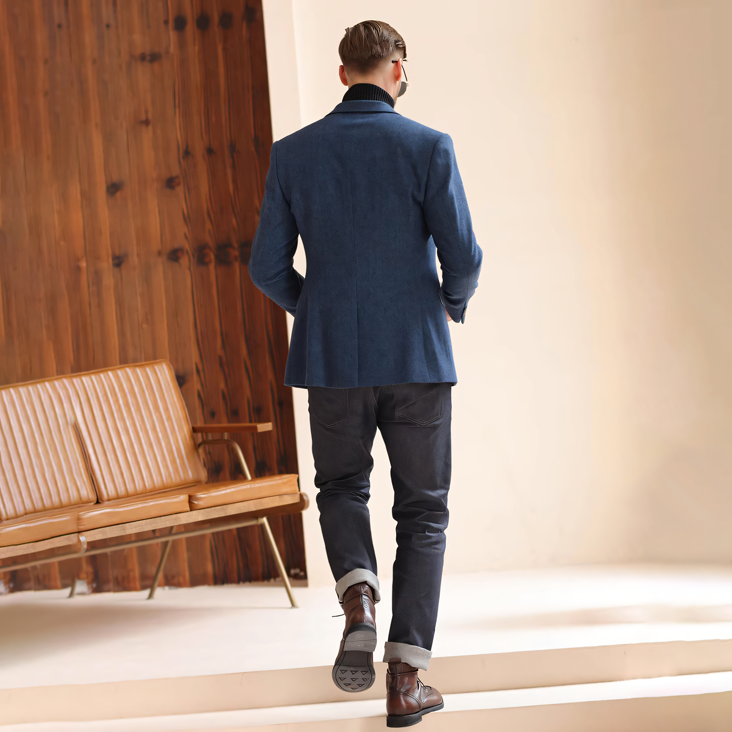 Men's Vintage Herringbone Navy Blue Tweed Notch Lapel Blazer Jacket