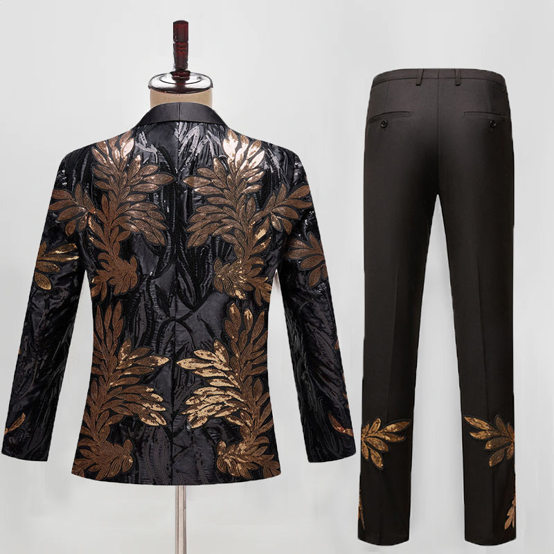 Men's 2 Pieces Sequin Golden Leaves Embroidery Slim Fit Tuxedo