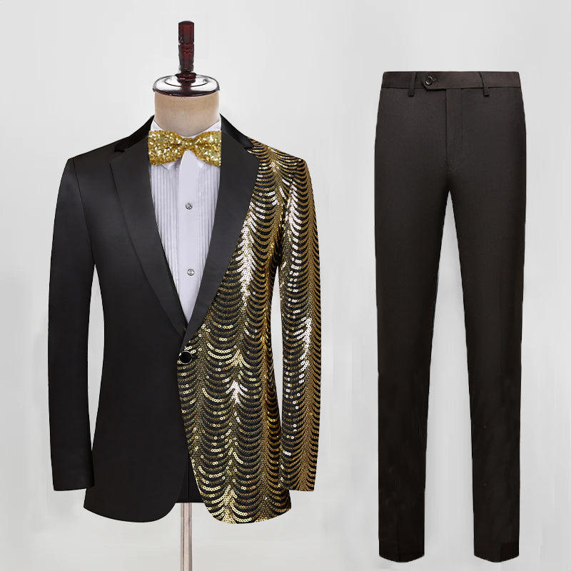 Black and Gold Sequin Prom Suit