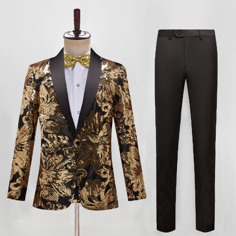 Men's 2 Pieces Slim Fit Embroidered Golden Sequin Tuxedo