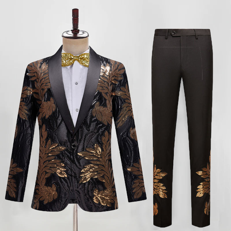 Men's 2 Pieces Sequin Golden Leaves Embroidery Slim Fit Tuxedo