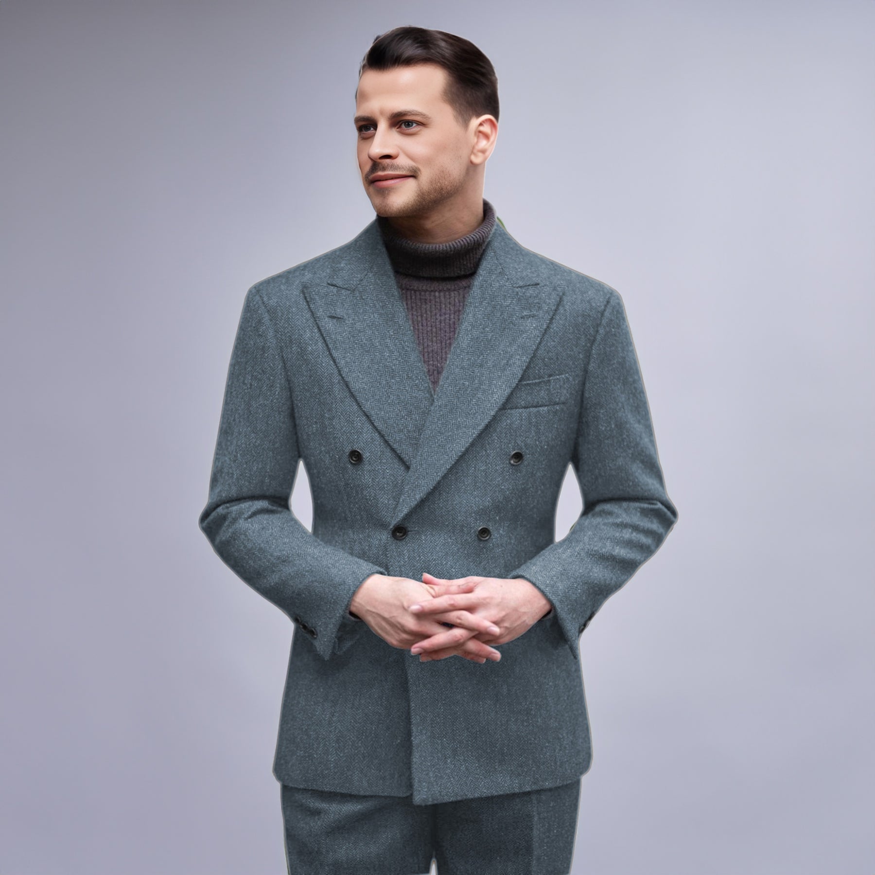2 Piece Double Breasted Herringbone Tweed Peaky Lapel Suit