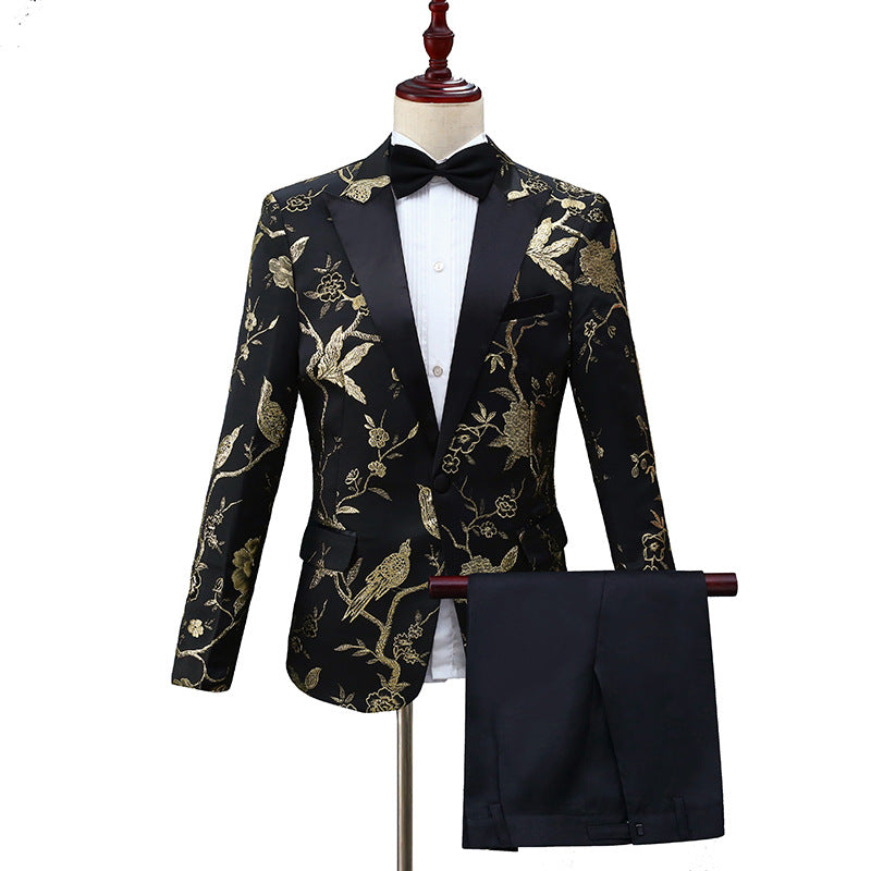 Men's 2 Pieces Golden Shining Bird Song Forest Embroidery Suit
