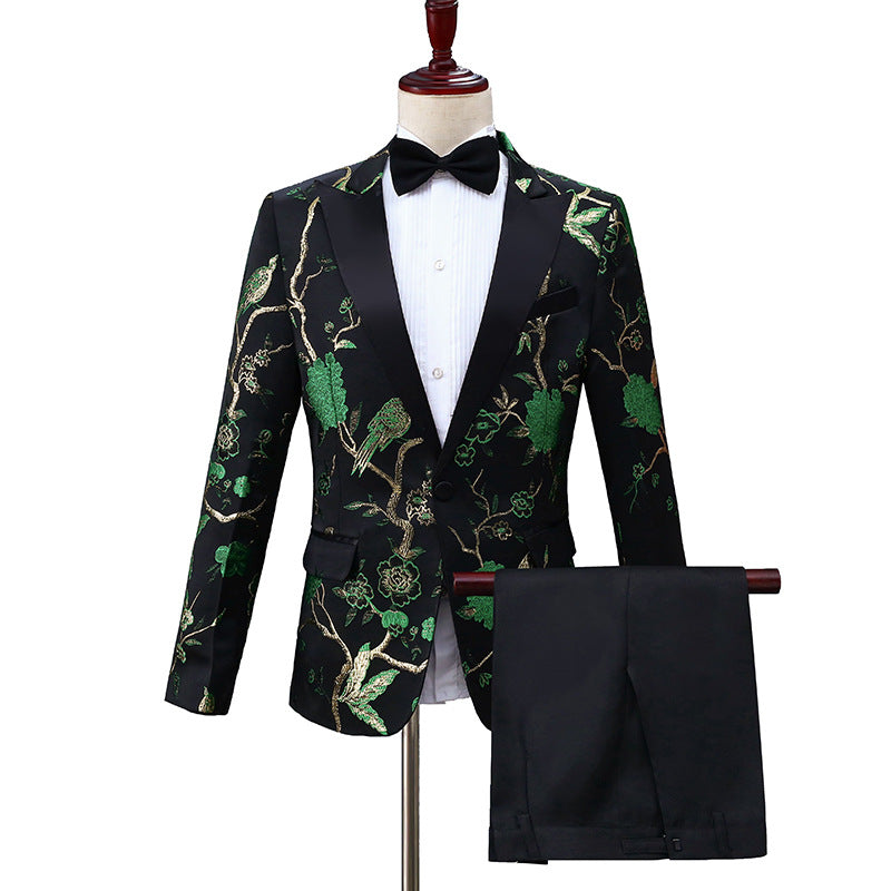 Men's 2 Pieces Golden Shining Bird Song Forest Embroidery Suit