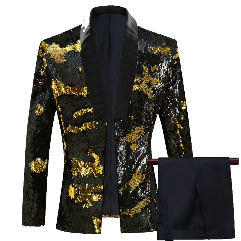 Men's 2 Pieces Suit Two-Tone Sequin Shawl Collar Tuxedo