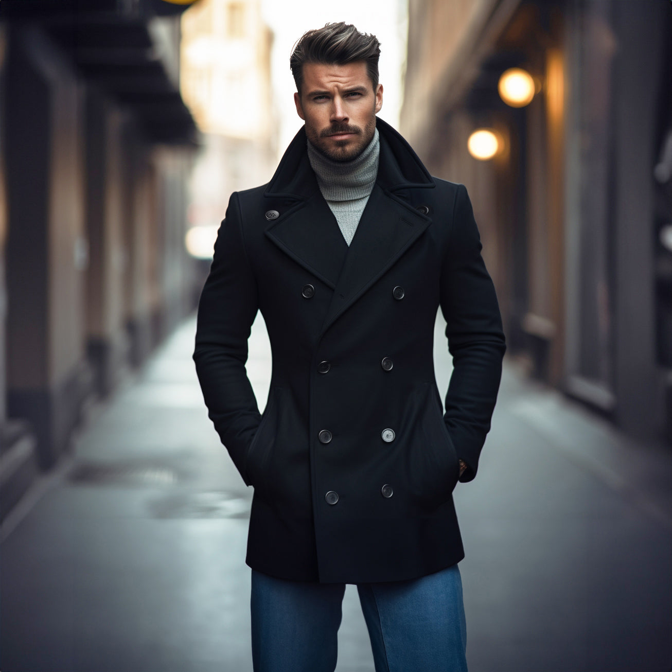 Vintage Slim Fit Double Breasted Pea Coat - Main Image