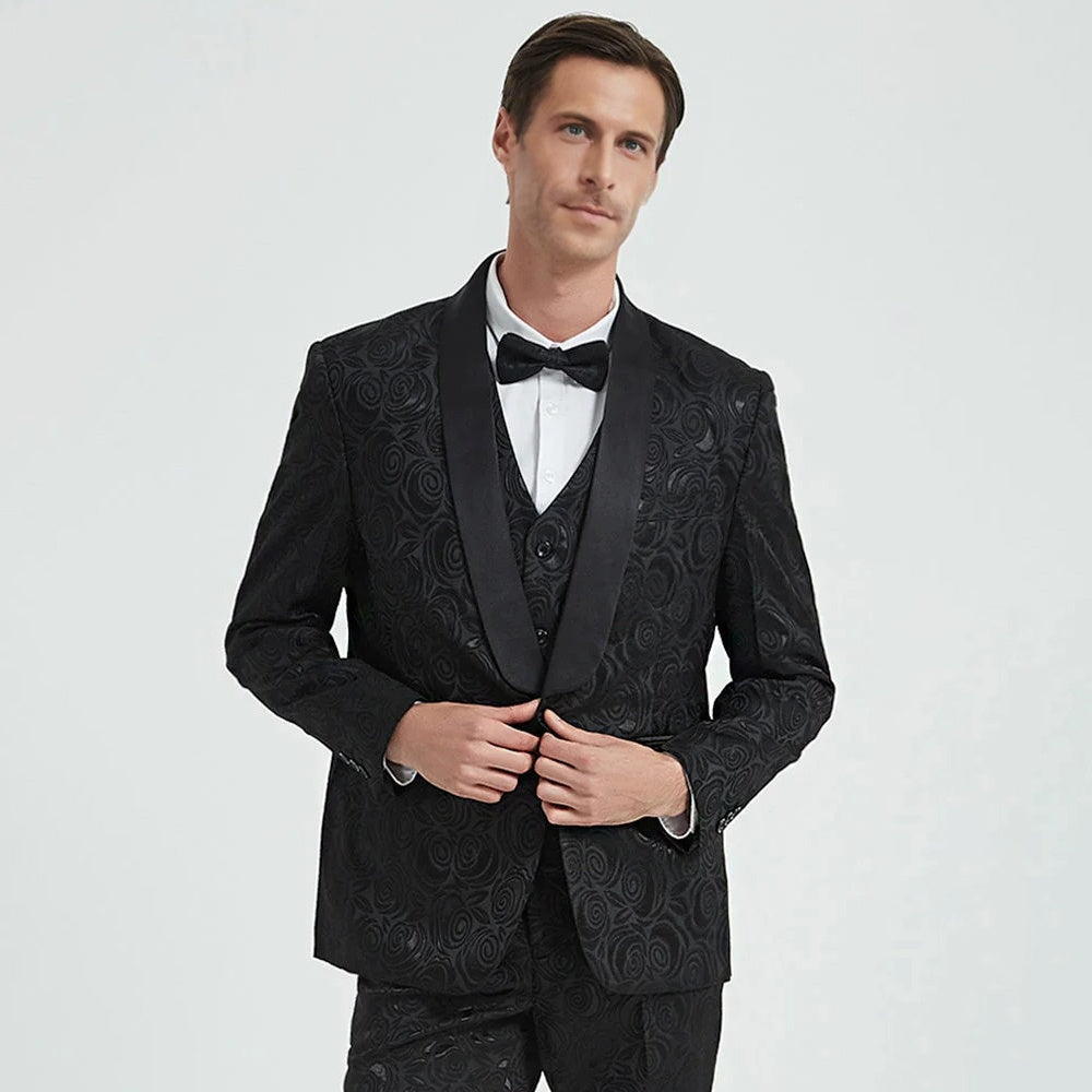 Men's 3-Piece Rose Embroidery Suits Wedding Suits for Groom Tuxedo 2 Color