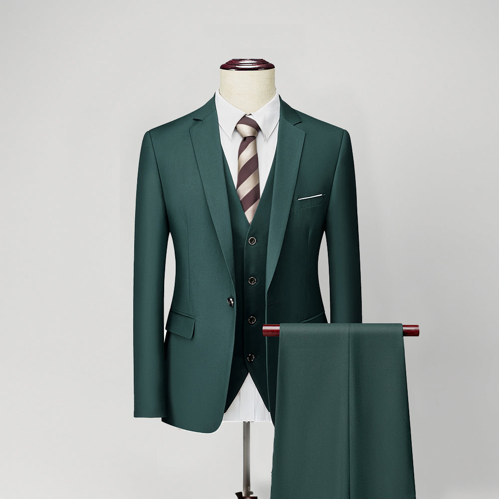 Men‘s 3 Piece Hunt Green Suits Slim Fit One Button Peak Lapel Solid Tuxedos