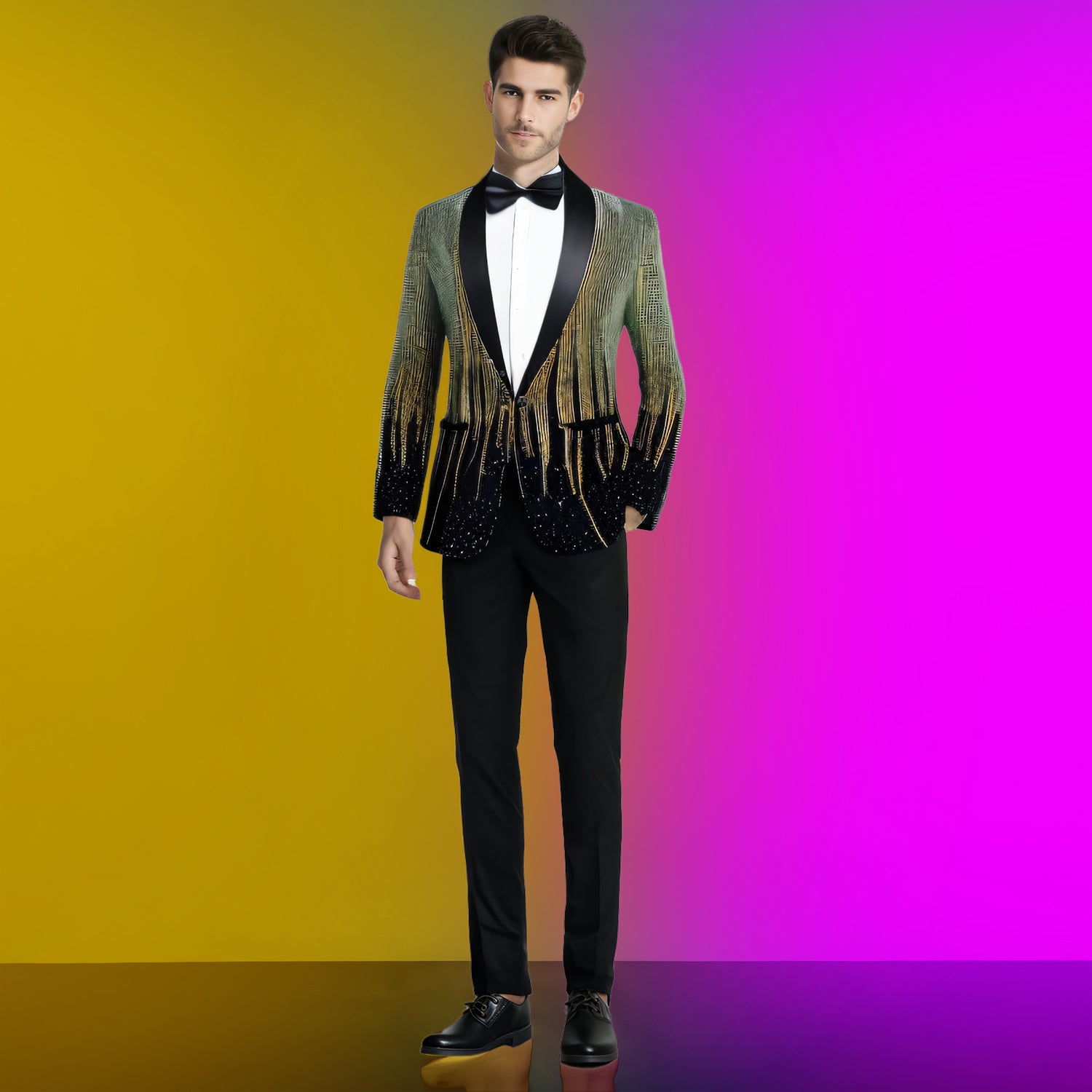 Men's 2 Pieces Gold Gradient Blue Galaxy Sequin Stage Tuxedo Blazer