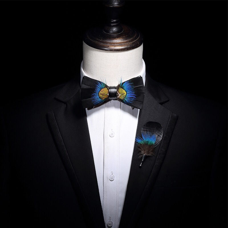 Handmade Natural Feather Bow Tie Blue and Green 2 Style Tie sweetearing Tuxedos, Formalwear, Wedding suits, Business suits, Slim-fit suits, Classic suits, Black-tie attire, Dinner jackets, Prom suits