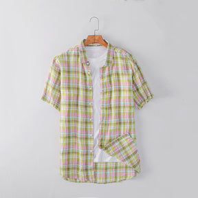 Men's Vacation Style Plaid Linen Short Sleeves Slub Linen Shirt