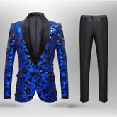 Men's Fashion Floral 2 Pieces Tuxedo Velvet Sequin Suit Blue