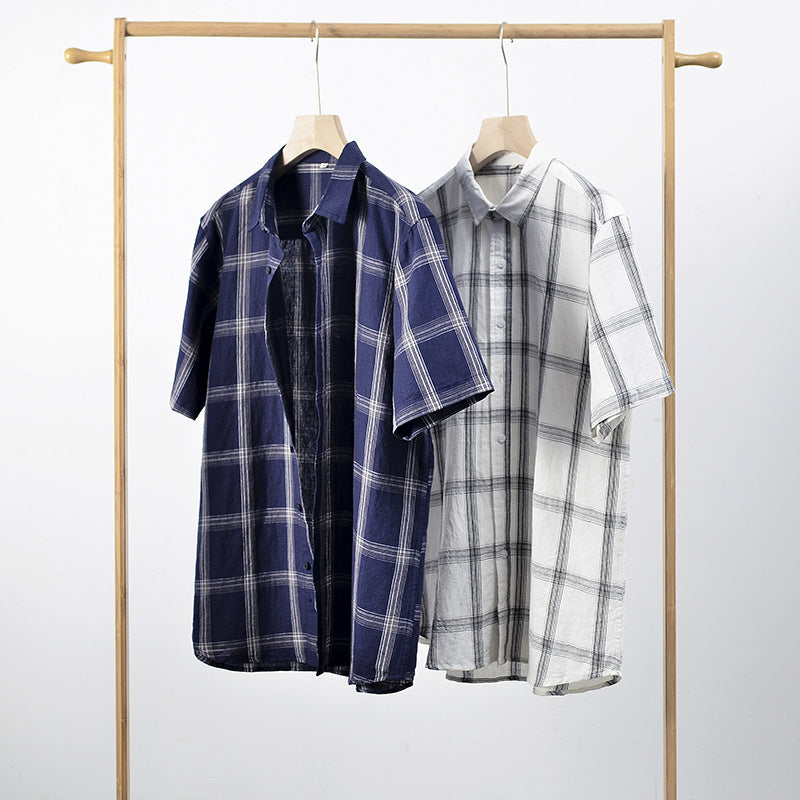 Men's Summer Plaid Linen Short Sleeves Slub Linen Shirt