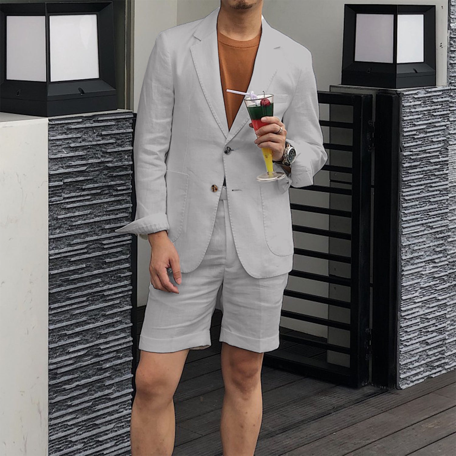 Men's Casual 2 Pcs Summer Linen Notch Lapel Suit