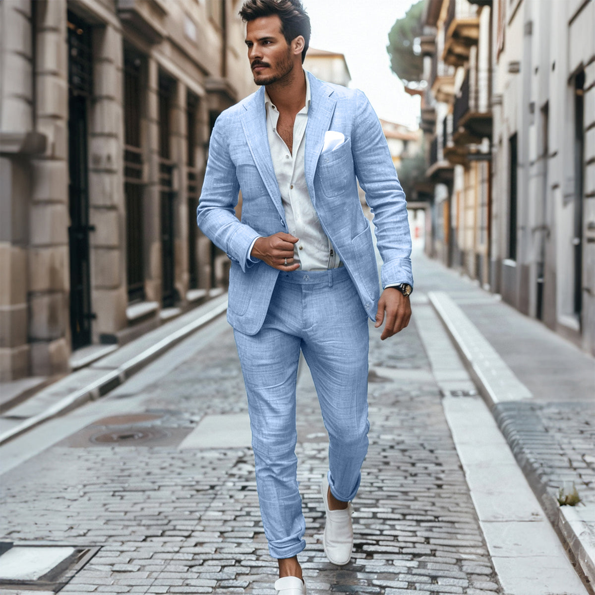 Men's Casual Formal 2 Pcs Summer Linen Notch Lapel Suit