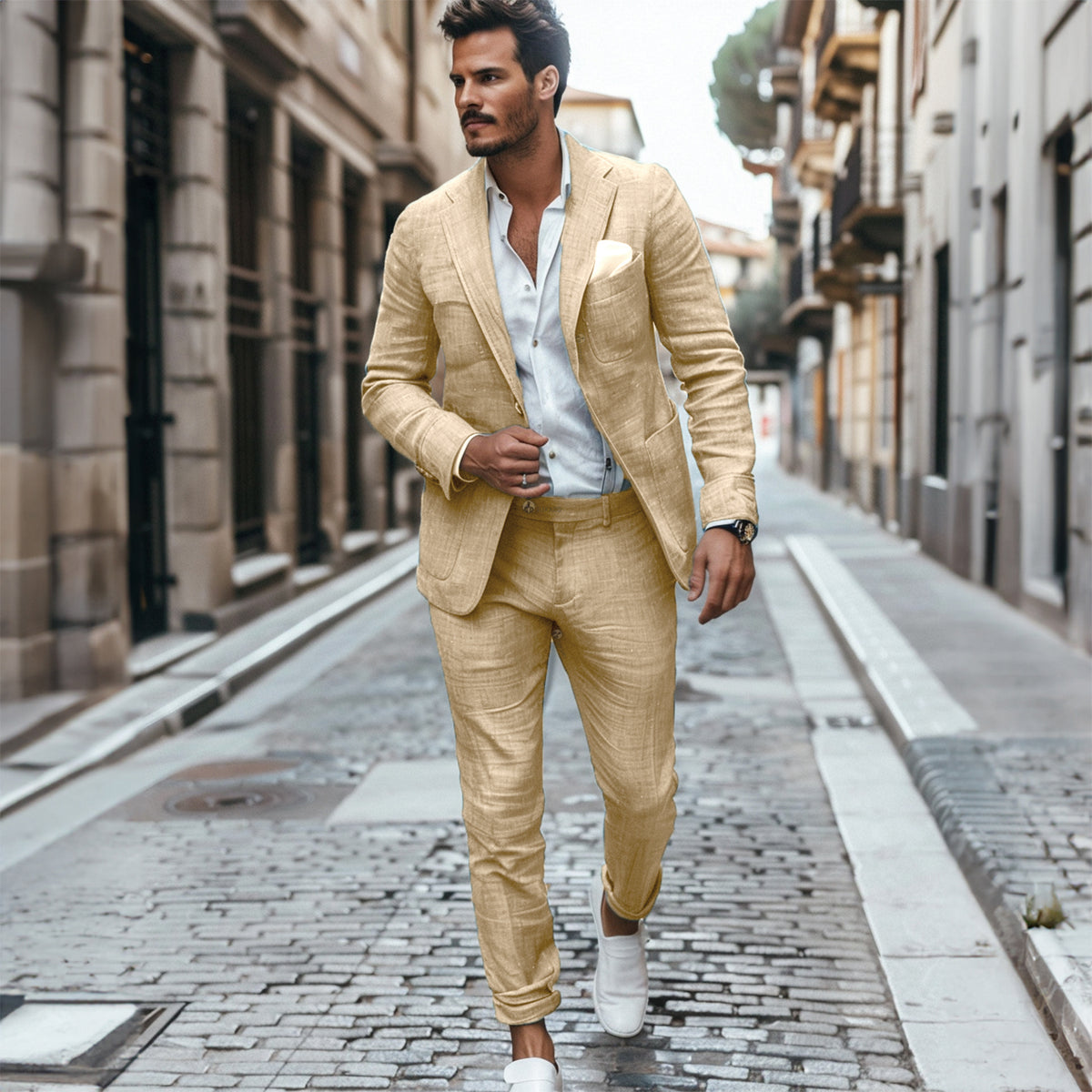 Men's Casual Formal 2 Pcs Summer Linen Notch Lapel Suit