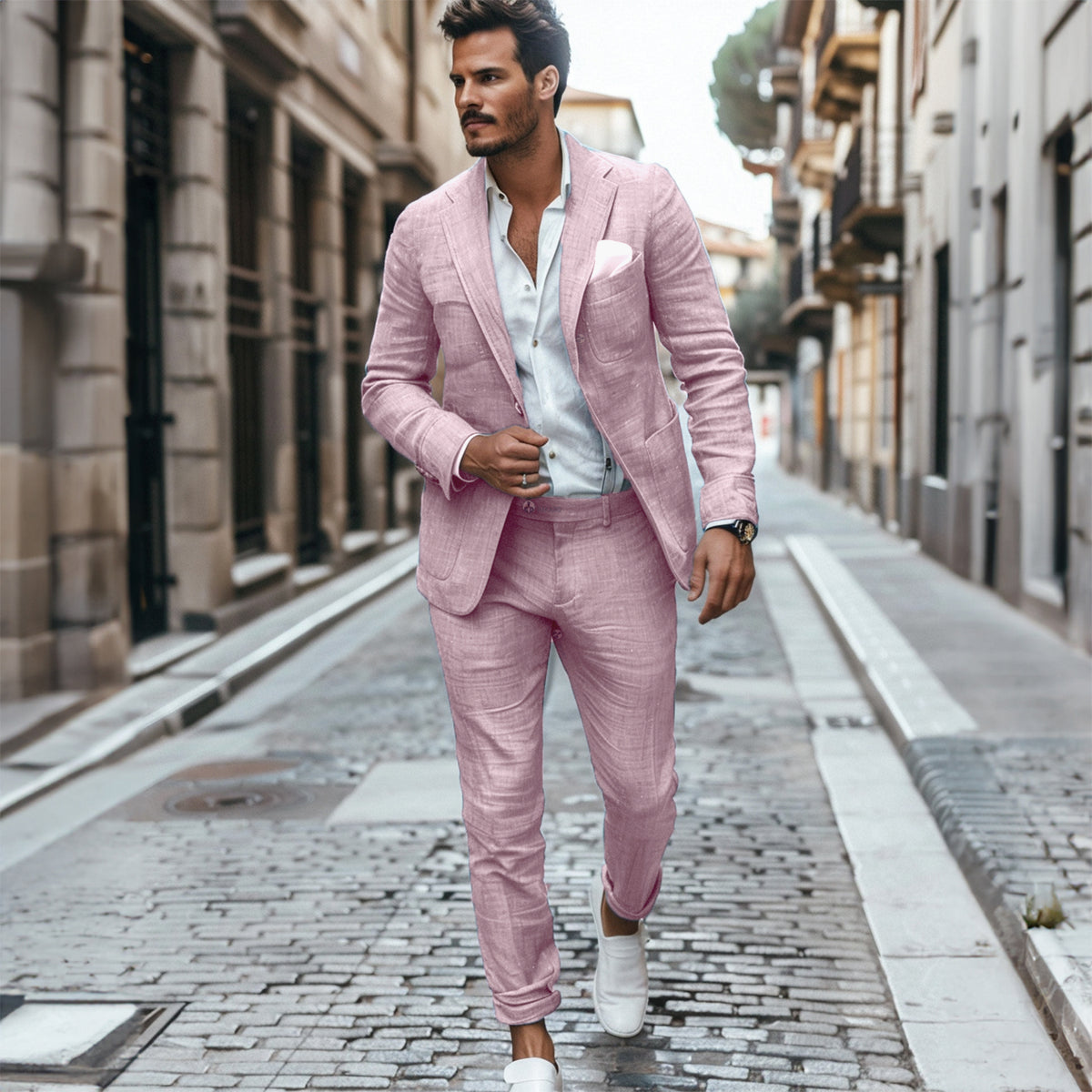 Men's Casual Formal 2 Pcs Summer Linen Notch Lapel Suit