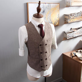 Men's Vintage Herringbone Vest Double Breasted Waistcoat
