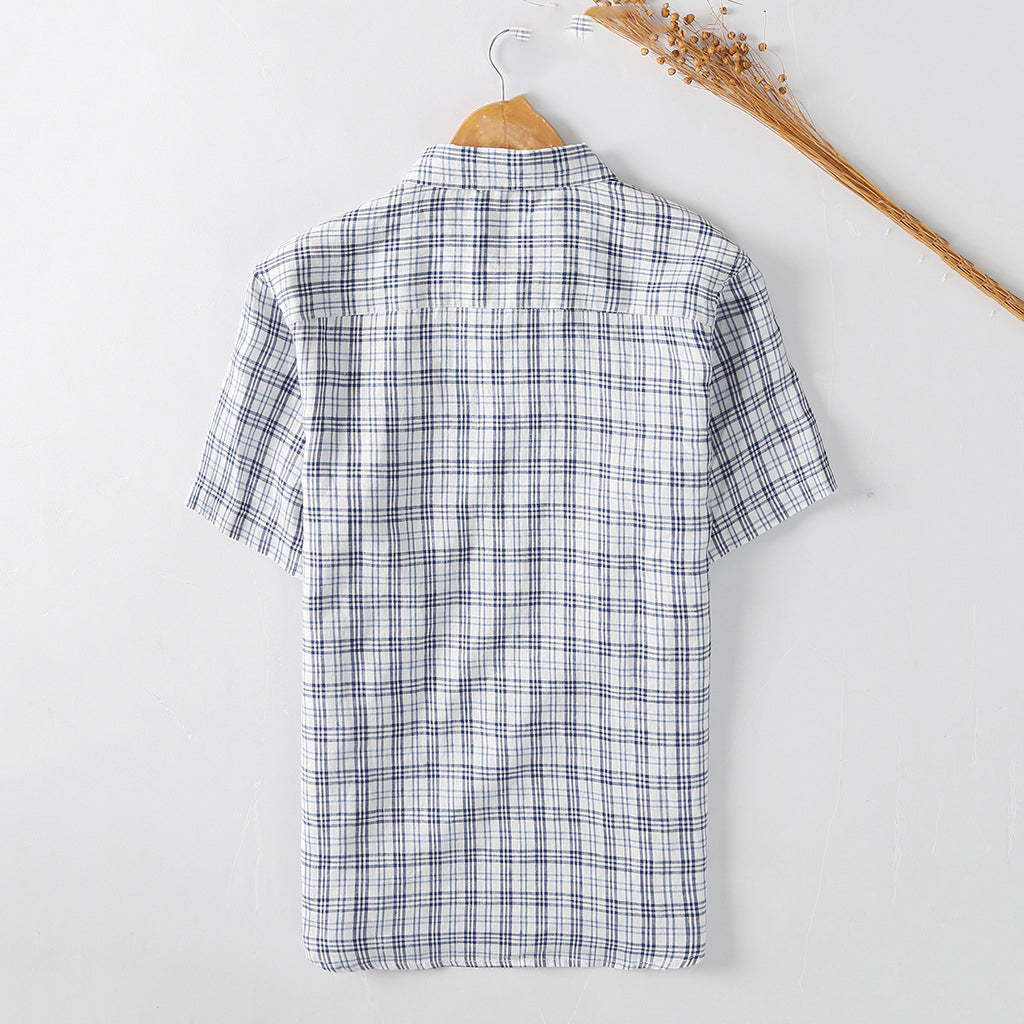 Men's Vacation Style Plaid Linen Short Sleeves Slub Linen Shirt