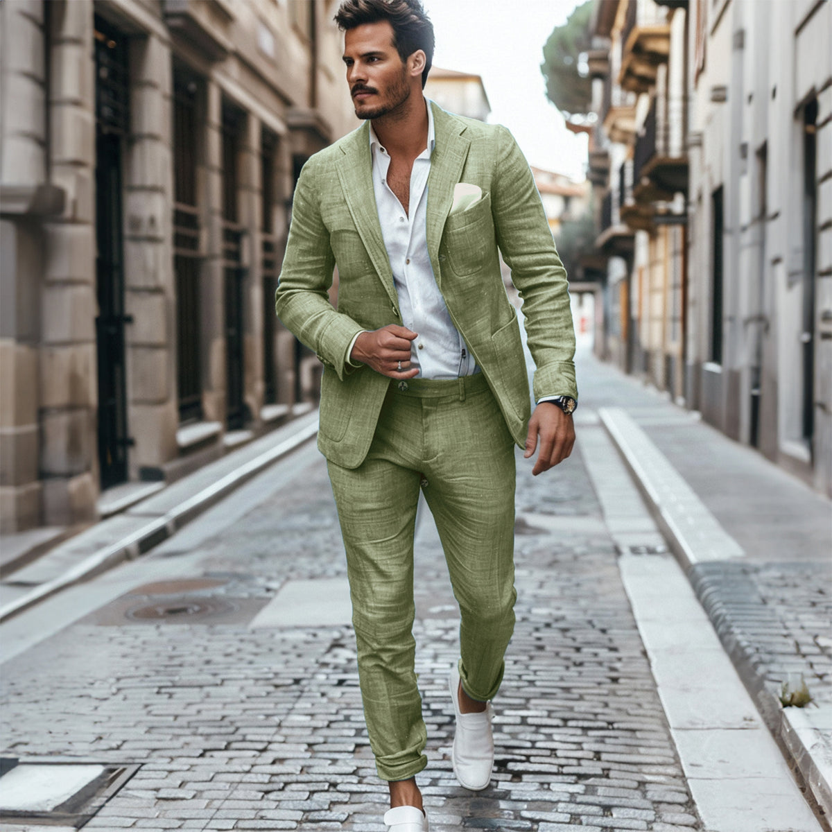 Men's Casual Formal 2 Pcs Summer Linen Notch Lapel Suit