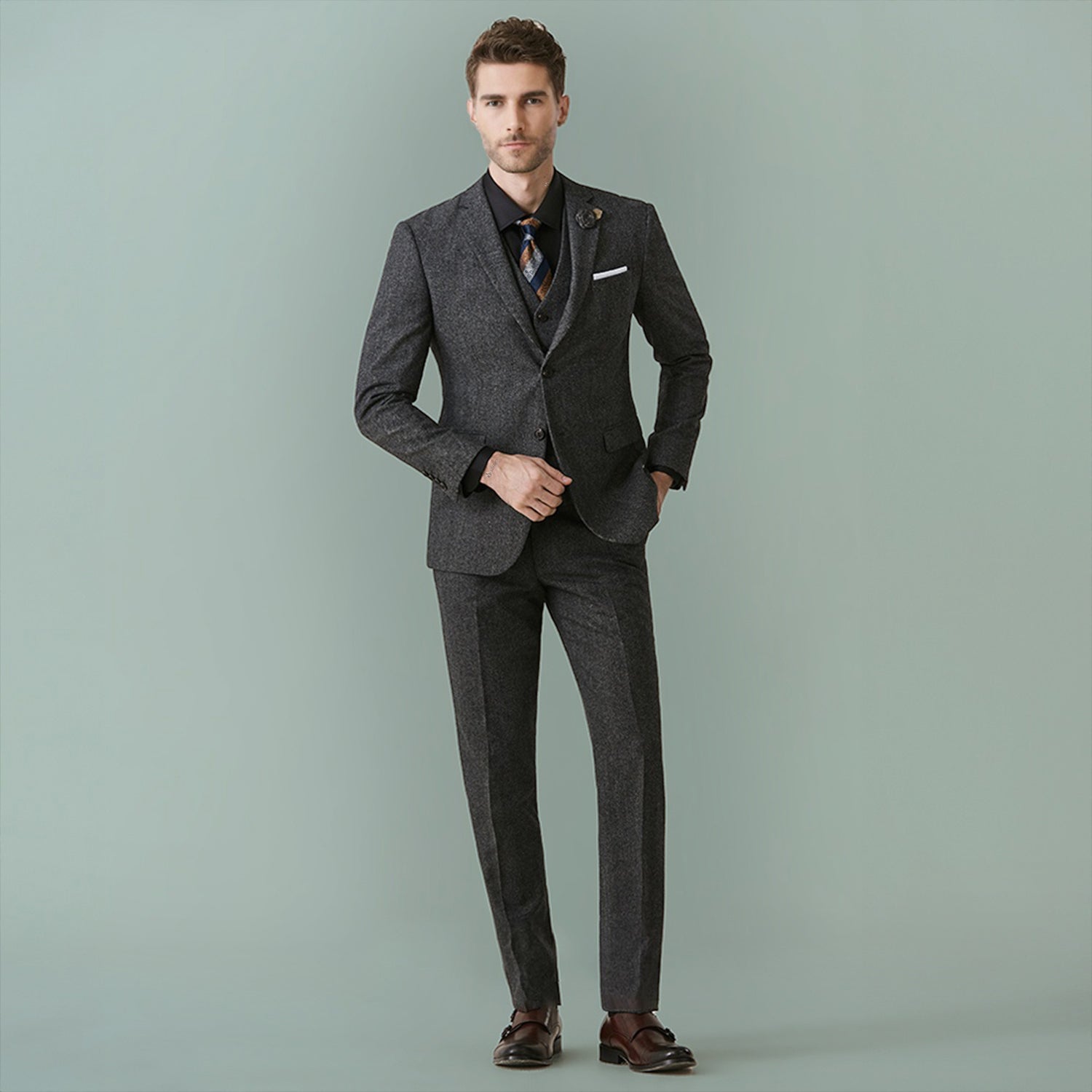 3 Pieces Herringbone Tweed Suit