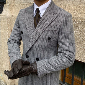 Men's Houndstooth Mid-Length Double Breasted Woolen Casual Thick Overcoat