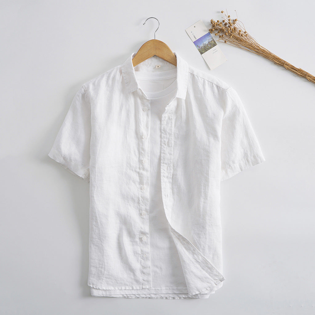 Men's Plain Linen Short Sleeves Slub Linen Shirt